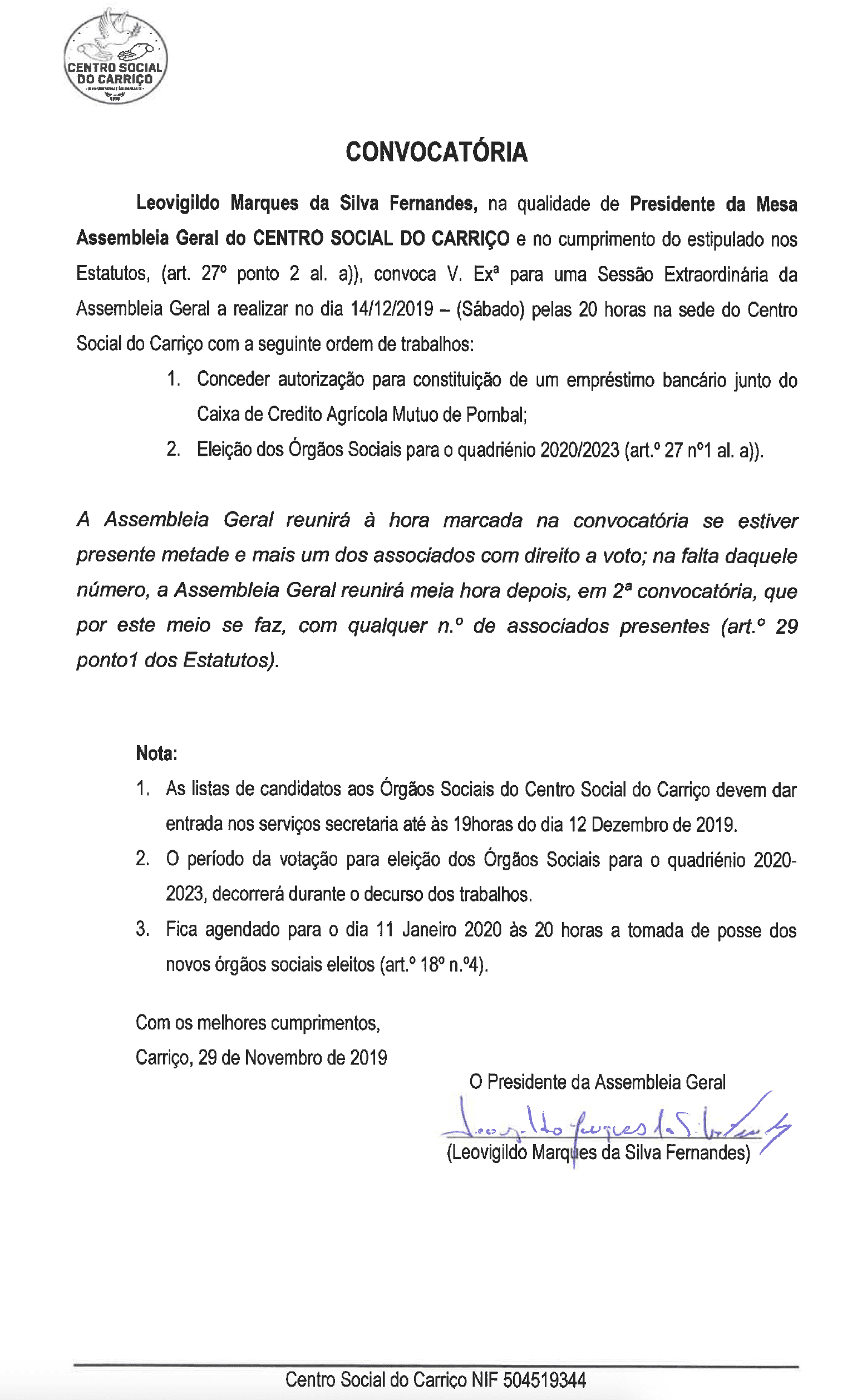 Convocatória Extraordinária 14 dezembro 2019