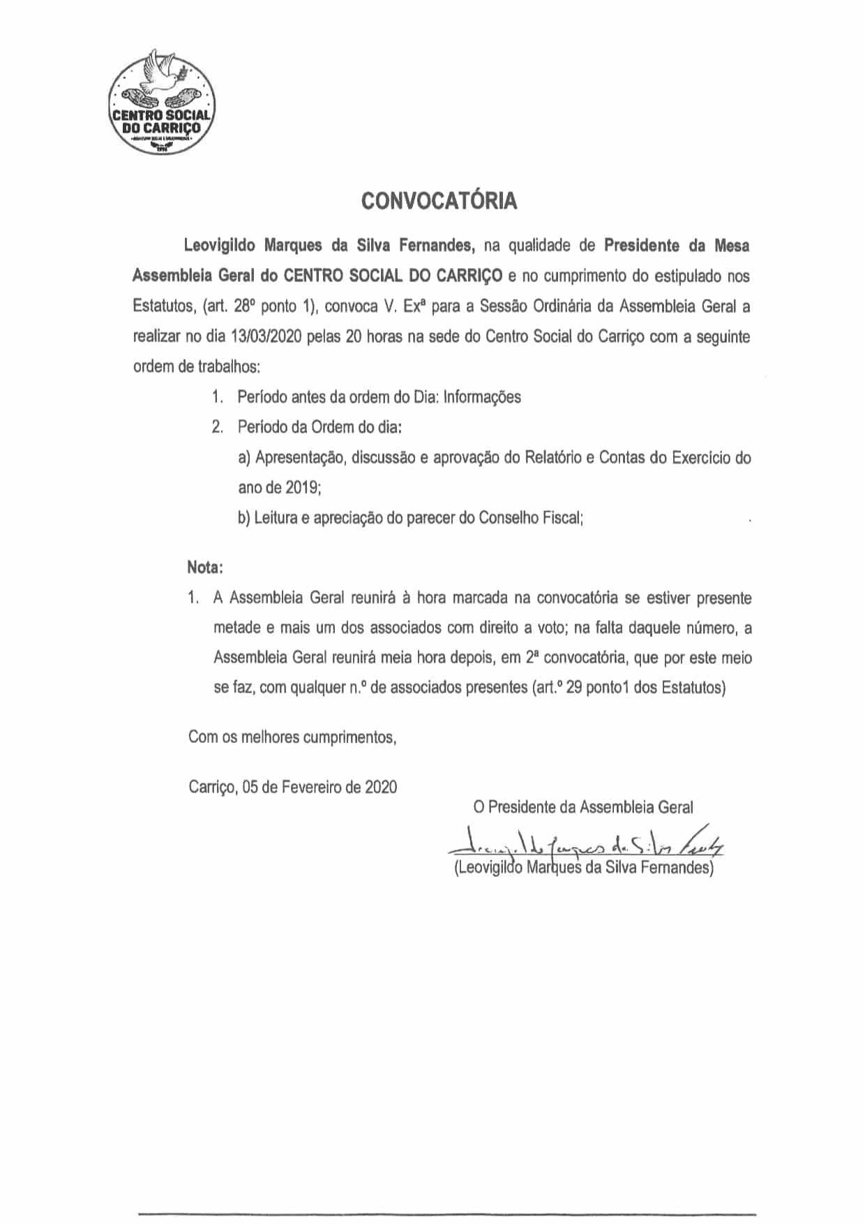 Convocatória para Sessão Ordinária da Assembleia Geral 13/03/2020