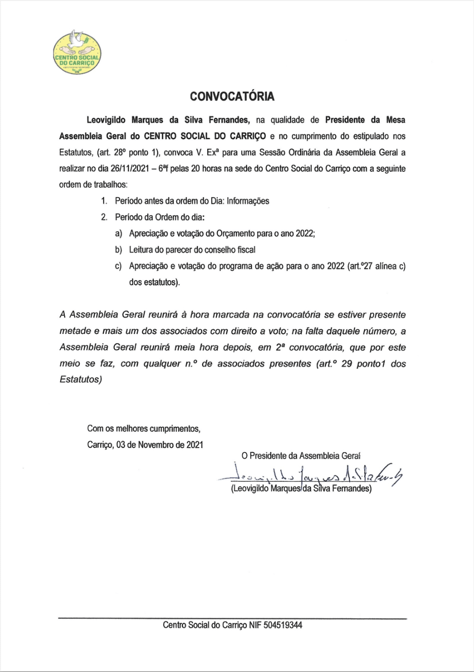 Convocatória para Sessão Ordinária da Assembleia Geral 26/11/2021