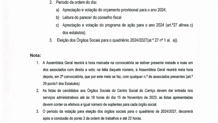Convocatória para Sessão Ordinária da Assembleia Geral 17/11/2023