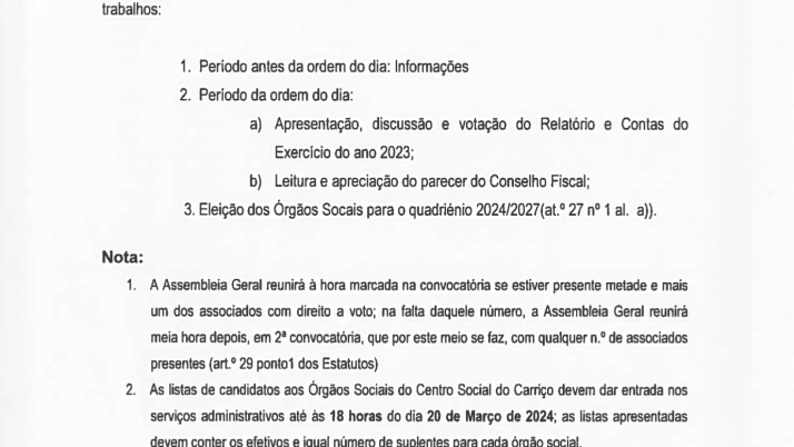Convocatória para Sessão Ordinária da Assembleia Geral 22/03/2024