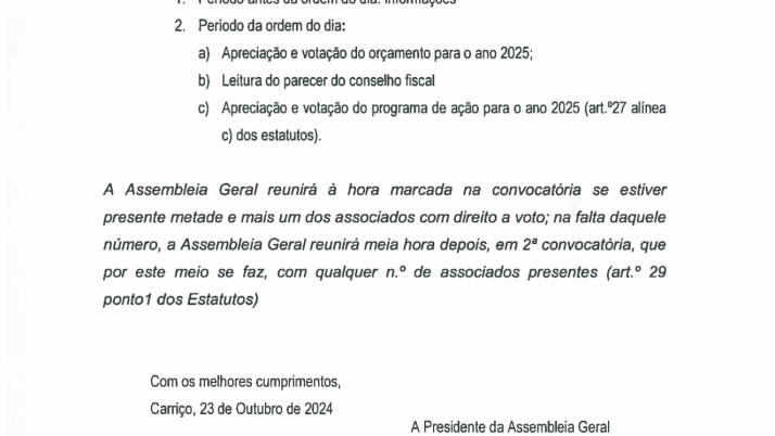 Convocatória para Sessão Ordinária da Assembleia Geral 22/11/2024
